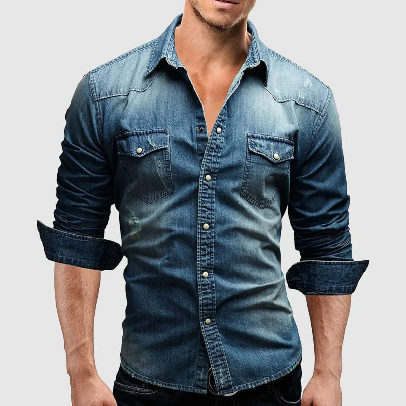 Camicia in Denim da Uomo con Chiusura a Bottoni e Colletto a Punta