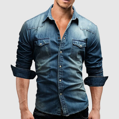 Camicia da Uomo in Denim Stile Retrò Slim Fit con Chiusura a Bottoni