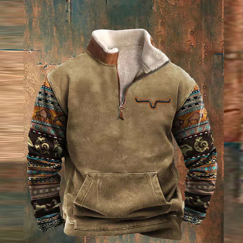 Maglione invernale uomo con zip, design etnico, maniche multicolore, tessuto caldo e morbido, ideale per moda casual e stile boho chic.