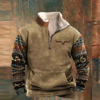 Maglione invernale uomo con zip, design etnico, maniche multicolore, tessuto caldo e morbido, ideale per moda casual e stile boho chic.