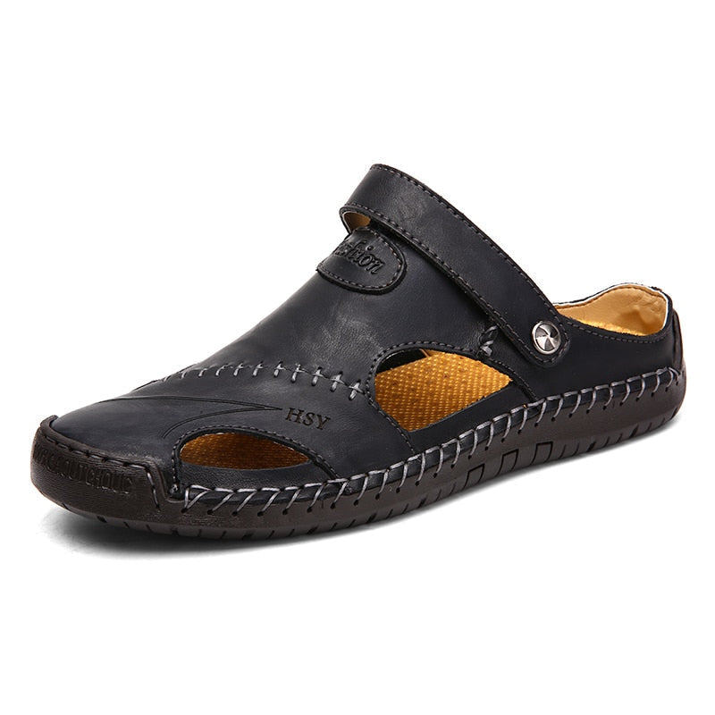 Sandalo da uomo in pelle nera, design casual con cuciture a vista, suola antiscivolo e cinturino regolabile. Ideale per l'estate e il tempo libero.