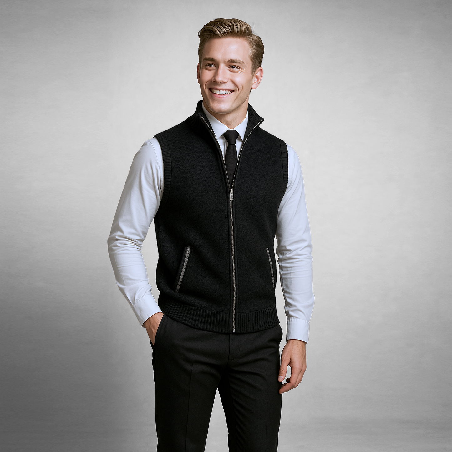 Uomo in posa con gilet nero elegante, camicia bianca e cravatta nera. Moda maschile, abbigliamento formale, stile moderno. Sfondo grigio.