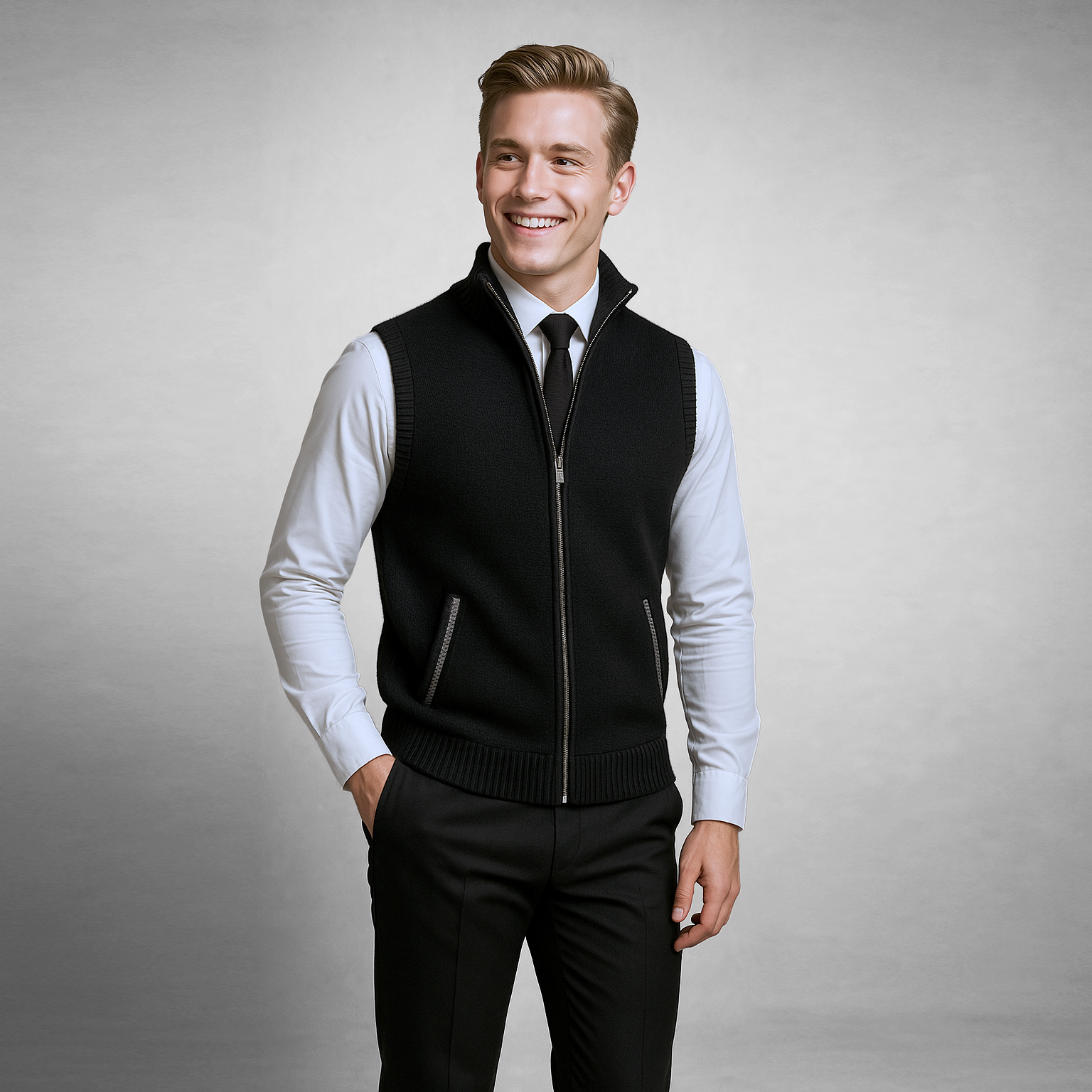 Uomo in posa con gilet nero elegante, camicia bianca e cravatta nera. Moda maschile, abbigliamento formale, stile moderno. Sfondo grigio.