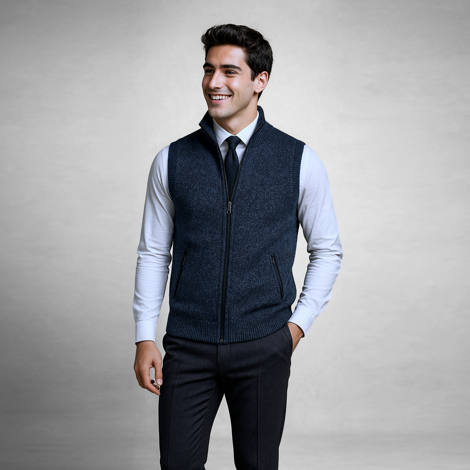 Giovane uomo sorridente in gilet blu scuro su camicia bianca e cravatta nera, posa elegante, moda maschile, abbigliamento formale, sfondo grigio.