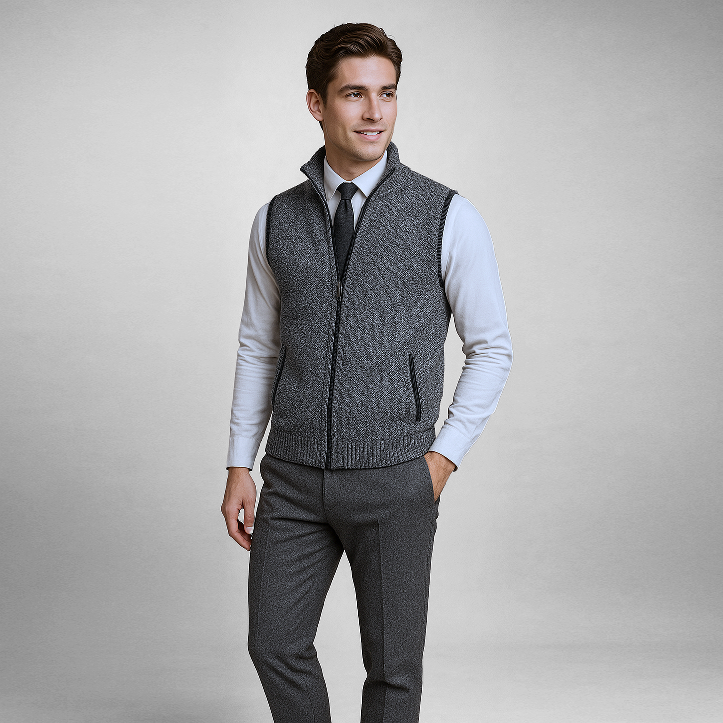 Giovane uomo in abbigliamento formale, indossa gilet grigio su camicia bianca e cravatta nera. Moda maschile elegante, abbigliamento autunnale.