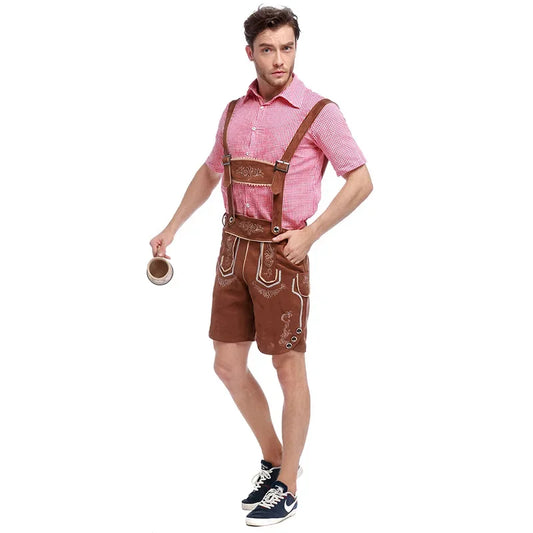 Set Lederhosen da Uomo con Pantaloni Ricamati Camicia a Quadri e Cappello Tradizionale