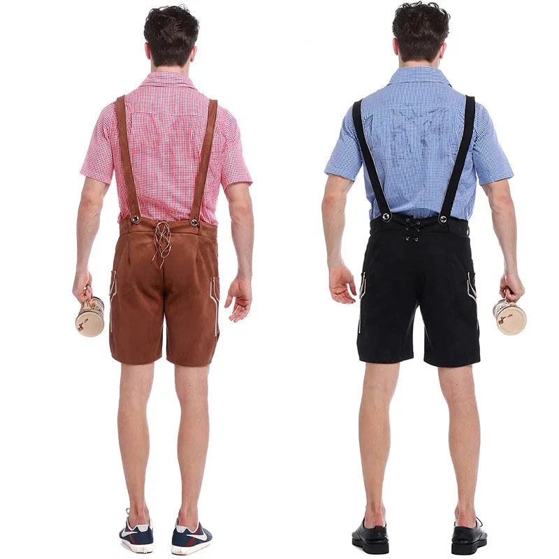 Set Lederhosen da Uomo con Pantaloni Ricamati Camicia a Quadri e Cappello Tradizionale