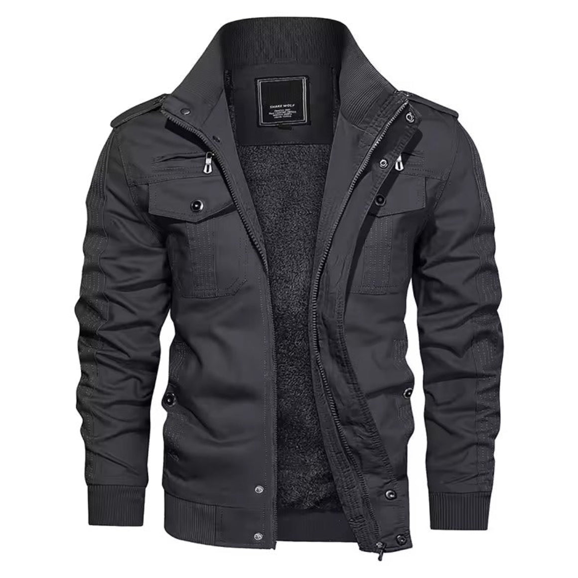 Giacca nera da uomo invernale, stile casual, con cerniera, tasche multiple e colletto alto. Abbigliamento moda maschile, giacca calda e resistente.