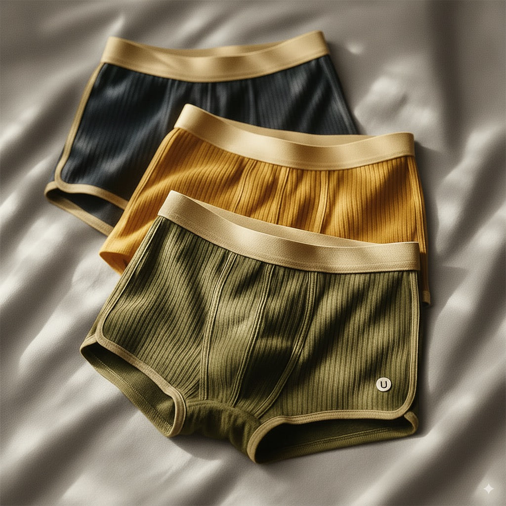 Tre paia di boxer maschili in cotone a coste, colori nero, giallo e verde, su sfondo chiaro. Intimo comodo e moderno per uomo.
