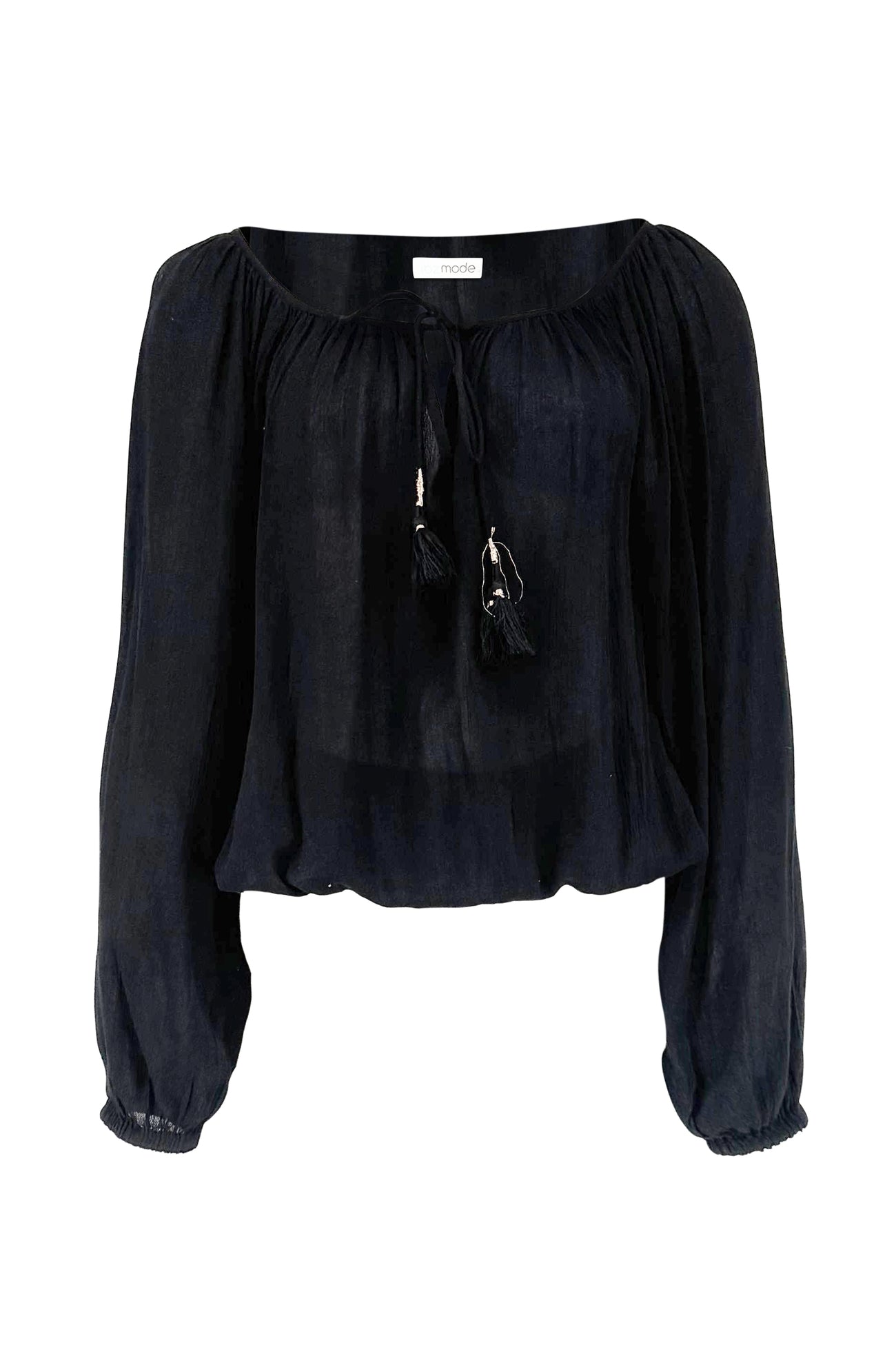 Blusa nera in chiffon con maniche lunghe e laccetti decorativi, stile boho chic. Elegante e versatile per look casual o serali.