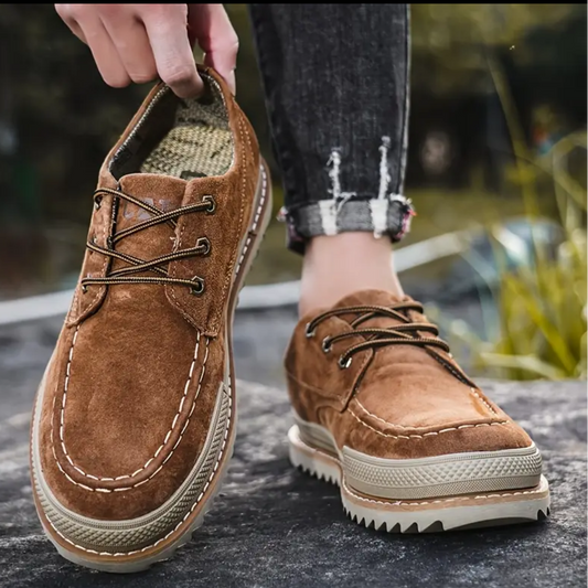 Herresko i ruskind med moc-toe spids, platformsål, EVA mellemsål og gummisål