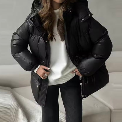 Chaqueta acolchada de invierno para mujer con cintura ajustable y cuello alto