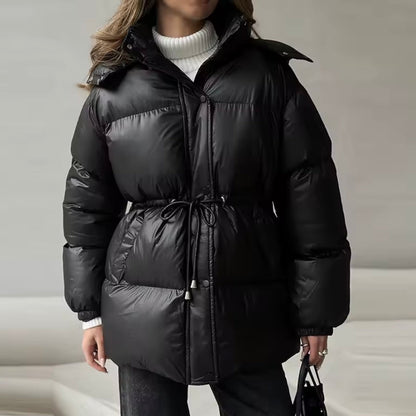 Chaqueta acolchada de invierno para mujer con cintura ajustable y cuello alto