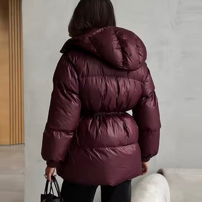 Chaqueta acolchada de invierno para mujer con cintura ajustable y cuello alto