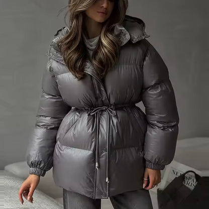 Chaqueta acolchada de invierno para mujer con cintura ajustable y cuello alto