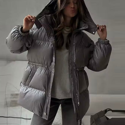 Chaqueta acolchada de invierno para mujer con cintura ajustable y cuello alto