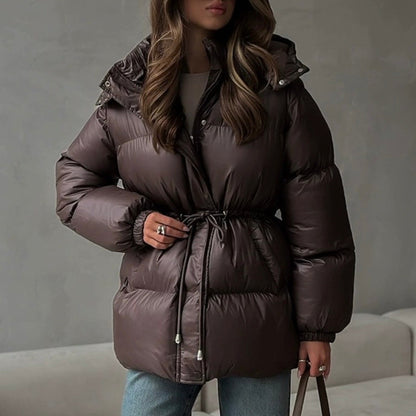 Chaqueta acolchada de invierno para mujer con cintura ajustable y cuello alto