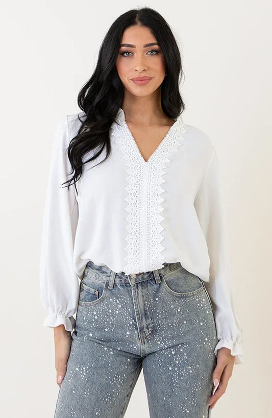 Blusa da Donna con Dettagli in Pizzo e Scollo a V