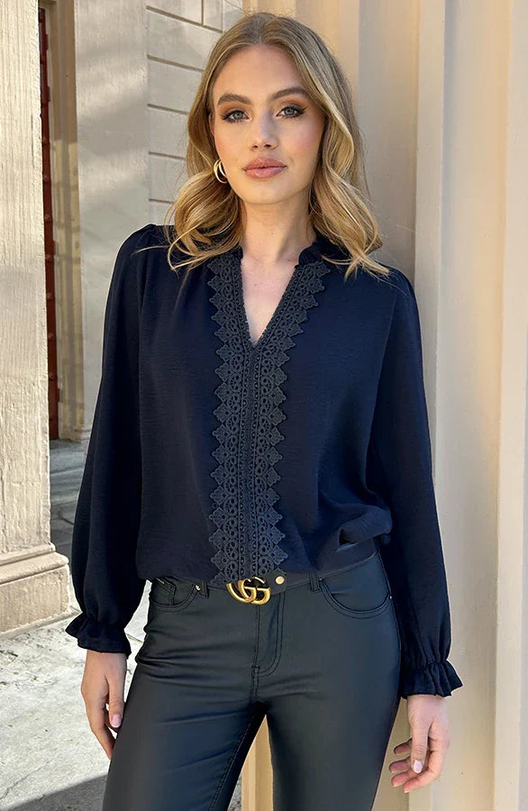 Blusa da Donna con Dettagli in Pizzo e Scollo a V