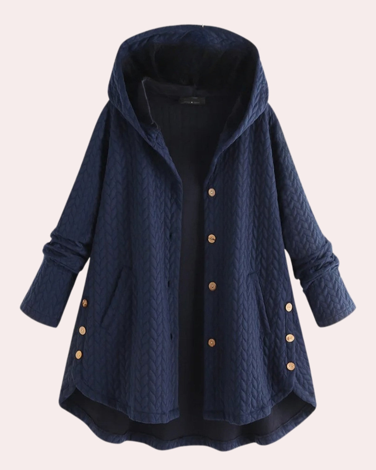 Cappotto Invernale da Donna con Cappuccio, Chiusura a Bottoni e Lunghezza Lunga