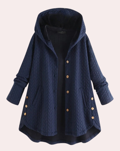 Cappotto Invernale da Donna con Cappuccio, Chiusura a Bottoni e Lunghezza Lunga