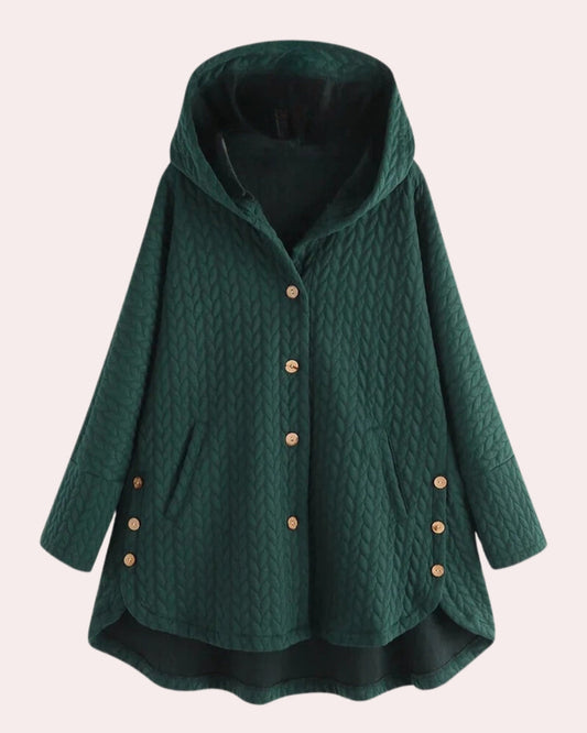 Cappotto Invernale da Donna con Cappuccio, Chiusura a Bottoni e Lunghezza Lunga