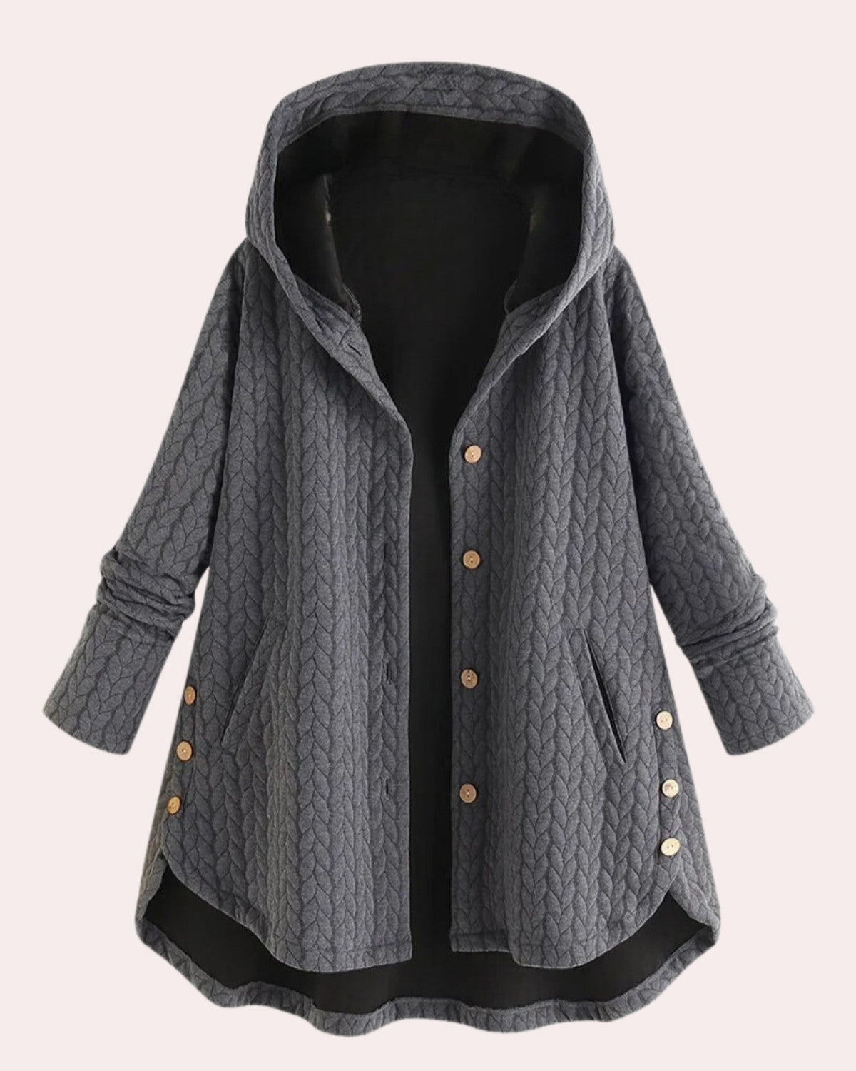 Cappotto Invernale da Donna con Cappuccio, Chiusura a Bottoni e Lunghezza Lunga