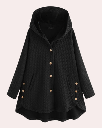 Cappotto Invernale da Donna con Cappuccio, Chiusura a Bottoni e Lunghezza Lunga