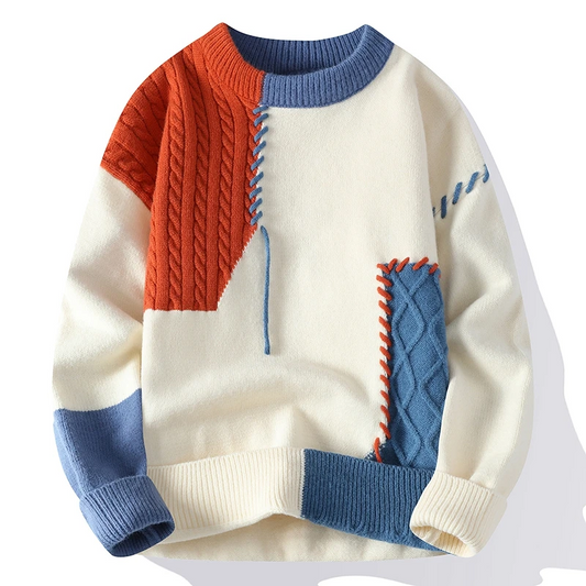 Maglione da Uomo in Maglia con Pannelli Patchwork a Treccia e Cuciture a Sopraggitto