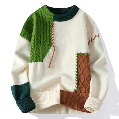 Maglione da Uomo in Maglia con Pannelli Patchwork a Treccia e Cuciture a Sopraggitto