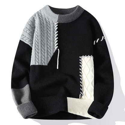 Maglione da Uomo in Maglia con Pannelli Patchwork a Treccia e Cuciture a Sopraggitto