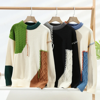 Maglione da Uomo in Maglia con Pannelli Patchwork a Treccia e Cuciture a Sopraggitto
