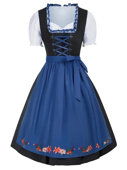 Abito tradizionale dirndl blu e nero con ricami floreali, corpetto con lacci e camicetta bianca. Perfetto per Oktoberfest e feste tradizionali.