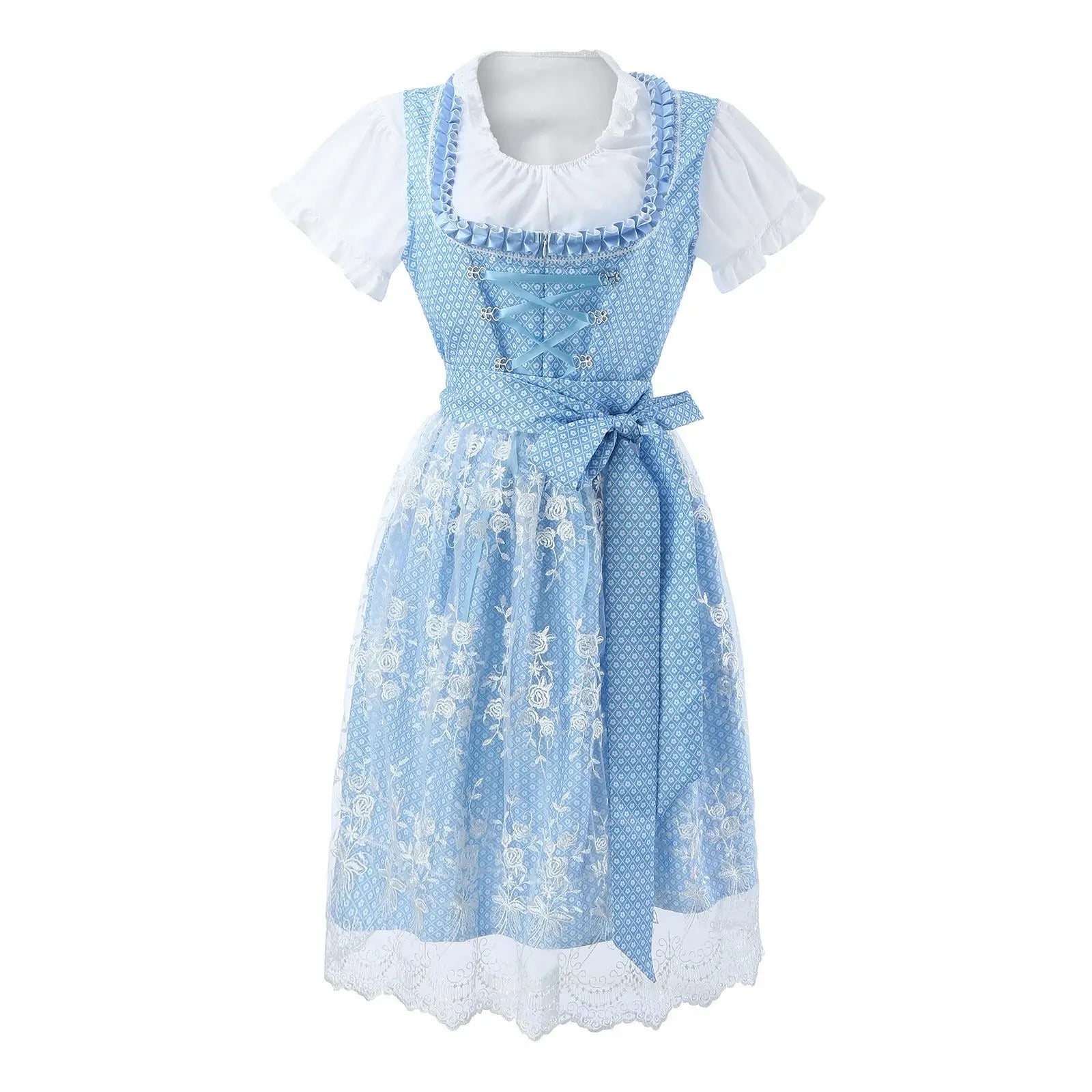 Abito tradizionale dirndl blu con grembiule ricamato, camicetta bianca a maniche corte, dettagli floreali, moda bavarese, costume Oktoberfest.