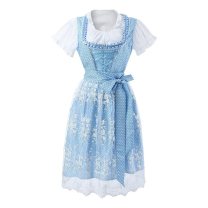 Abito tradizionale dirndl blu con grembiule ricamato, camicetta bianca a maniche corte, dettagli floreali, moda bavarese, costume Oktoberfest.