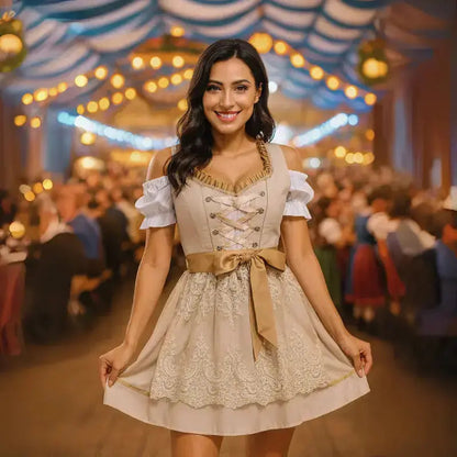 Donna sorridente in abito tradizionale bavarese Dirndl beige, con sfondo di festa Oktoberfest, luci soffuse e atmosfera festosa.