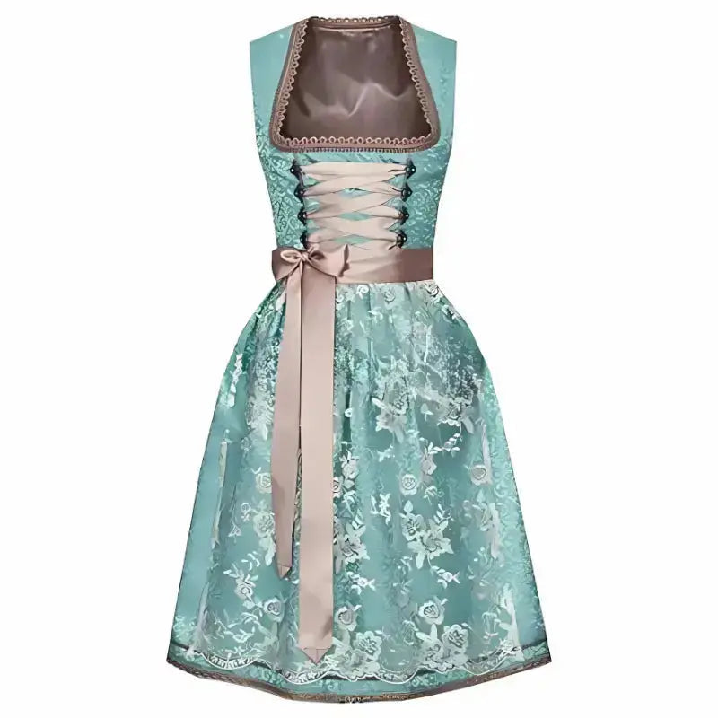 Dirndl tradizionale bavarese verde acqua con corpetto allacciato, grembiule in pizzo floreale e fiocco in vita. Abito Oktoberfest elegante.