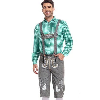Set Lederhosen da Uomo con Pantaloni Ricamati e Camicia a Quadri per Festival