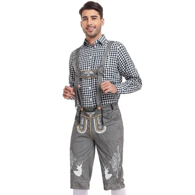 Set Lederhosen da Uomo con Pantaloni Ricamati e Camicia a Quadri per Festival