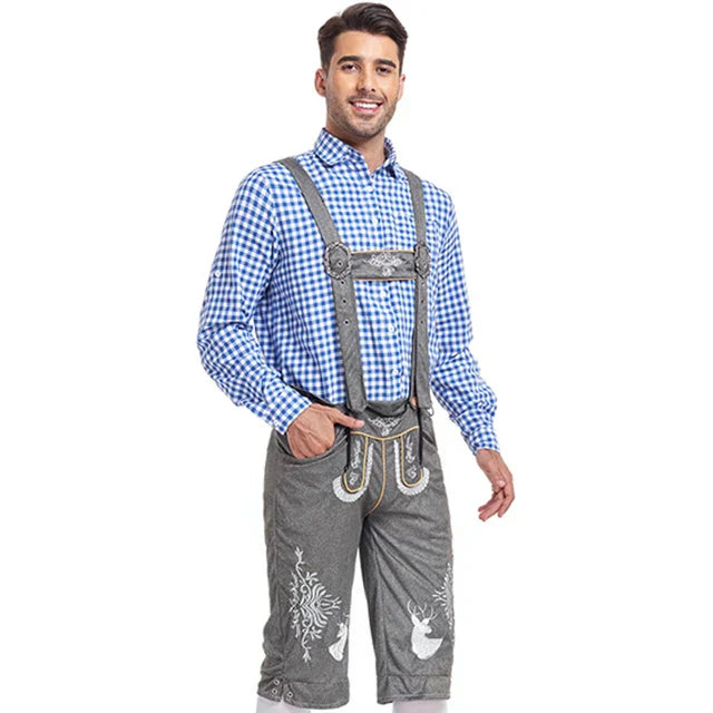 Set Lederhosen da Uomo con Pantaloni Ricamati e Camicia a Quadri per Festival