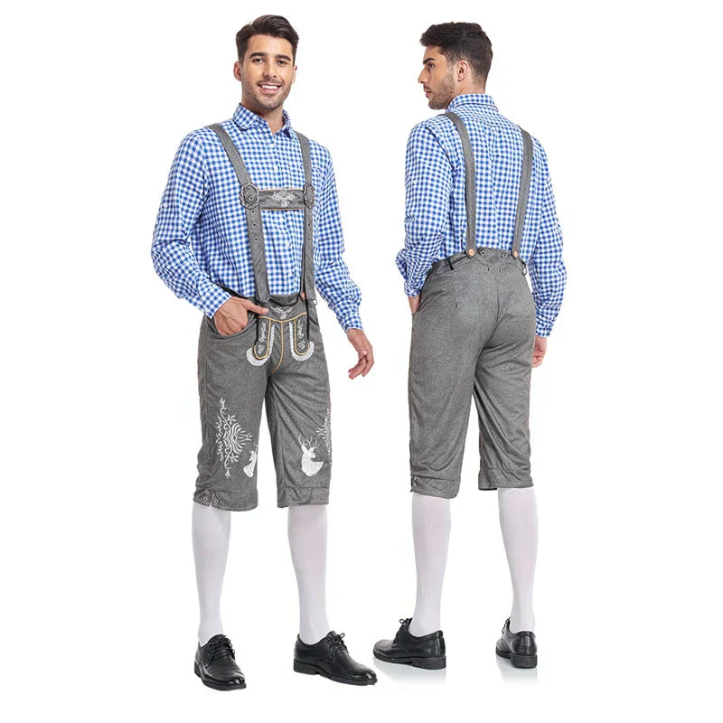 Set Lederhosen da Uomo con Pantaloni Ricamati e Camicia a Quadri per Festival