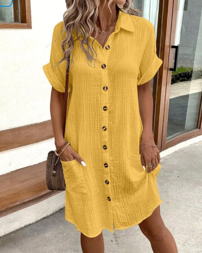 Abito Camicia Lunghezza al Ginocchio con Tasche e Dettaglio Fibbia | Ideale per Primavera ed Estate
