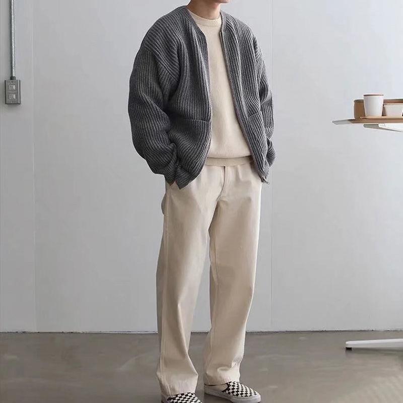 Cardigan da Uomo in Maglia con Orlo a Coste e Maniche Lunghe