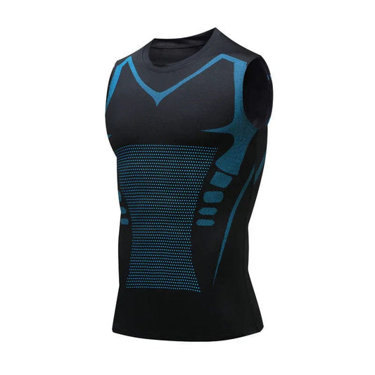 Canotta sportiva nera senza maniche con dettagli blu, design ergonomico, tessuto traspirante, ideale per allenamento e fitness.