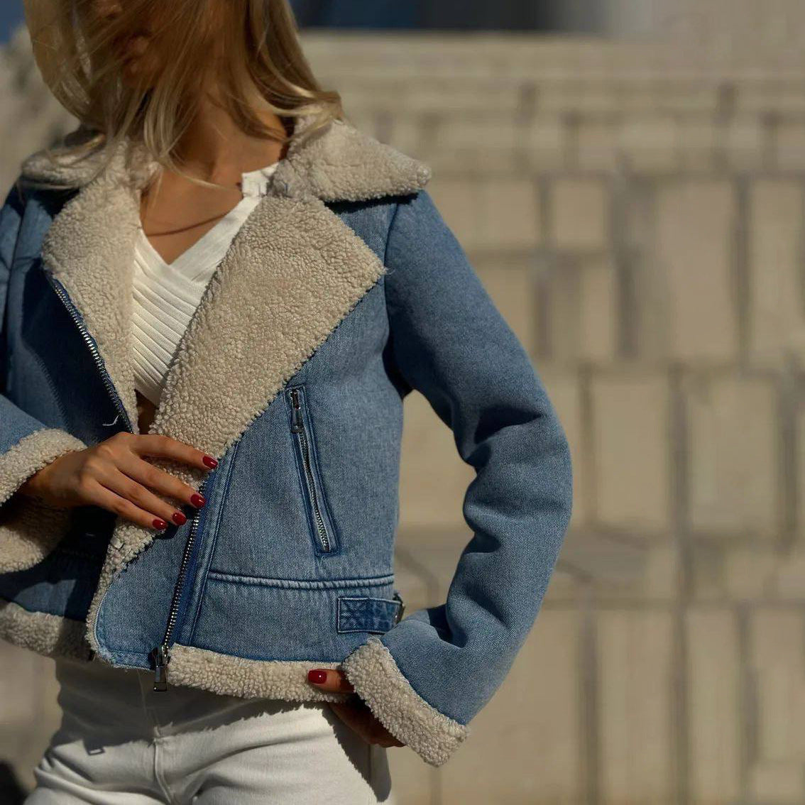 Donna con giacca di jeans con interno in pelliccia sintetica, maglia bianca e pantaloni chiari. Moda autunnale, abbigliamento casual elegante.
