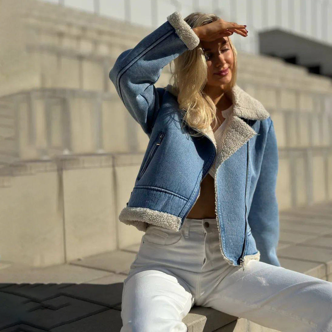 Donna seduta su gradini indossa giacca di jeans con fodera in pelliccia sintetica, pantaloni bianchi; moda autunnale, stile casual chic.