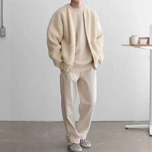 Cardigan da Uomo in Maglia con Orlo a Coste e Maniche Lunghe