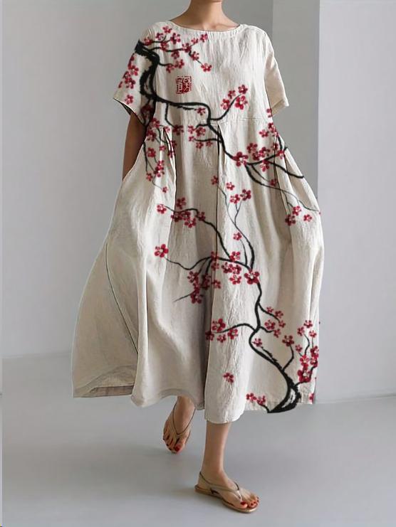 Abito Maxi con Stampa di Fiori di Ciliegio Giapponese