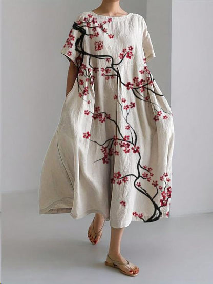 Abito Maxi con Stampa di Fiori di Ciliegio Giapponese