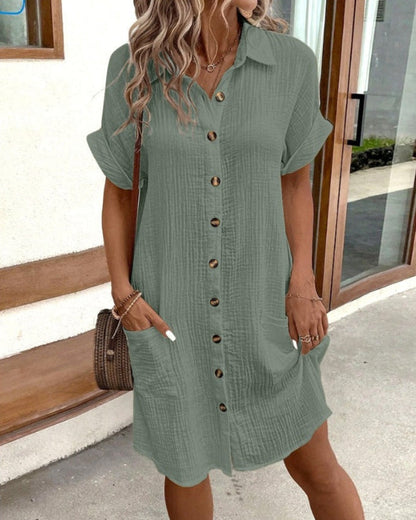Abito Camicia Lunghezza al Ginocchio con Tasche e Dettaglio Fibbia | Ideale per Primavera ed Estate